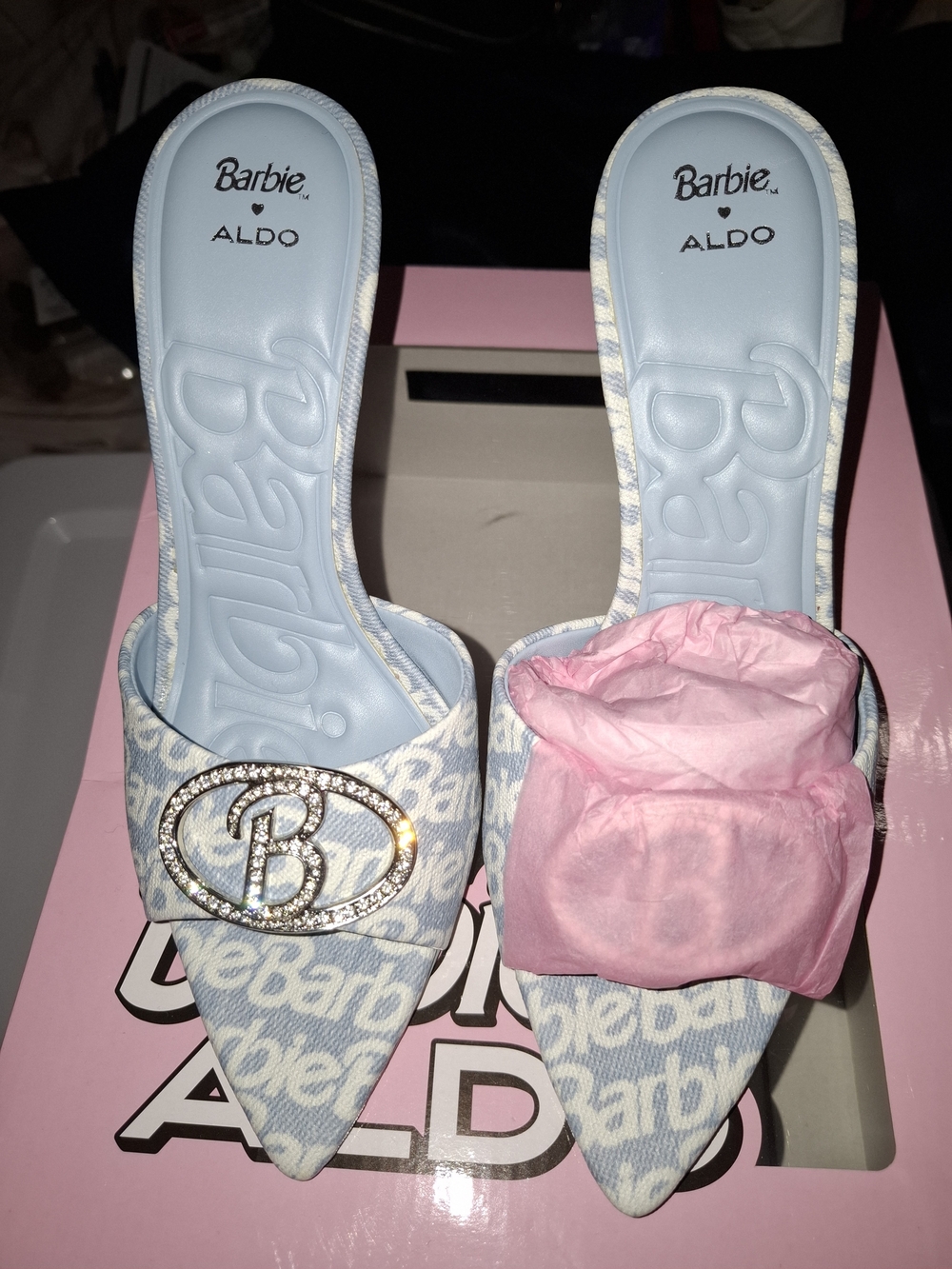 Aldo x Barbie Rhinestone Heels Sz 8.5 Sold Out Limited Edition White Logo Mules